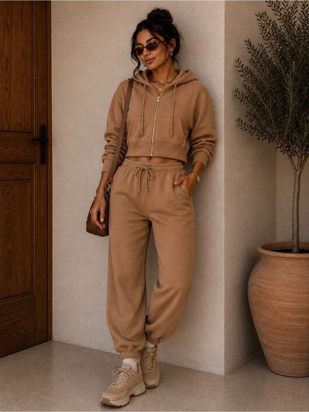 TNA Aritzia Sweatfleece Cozy Fleece Hoodie & Jogger Set Camel Taupe L